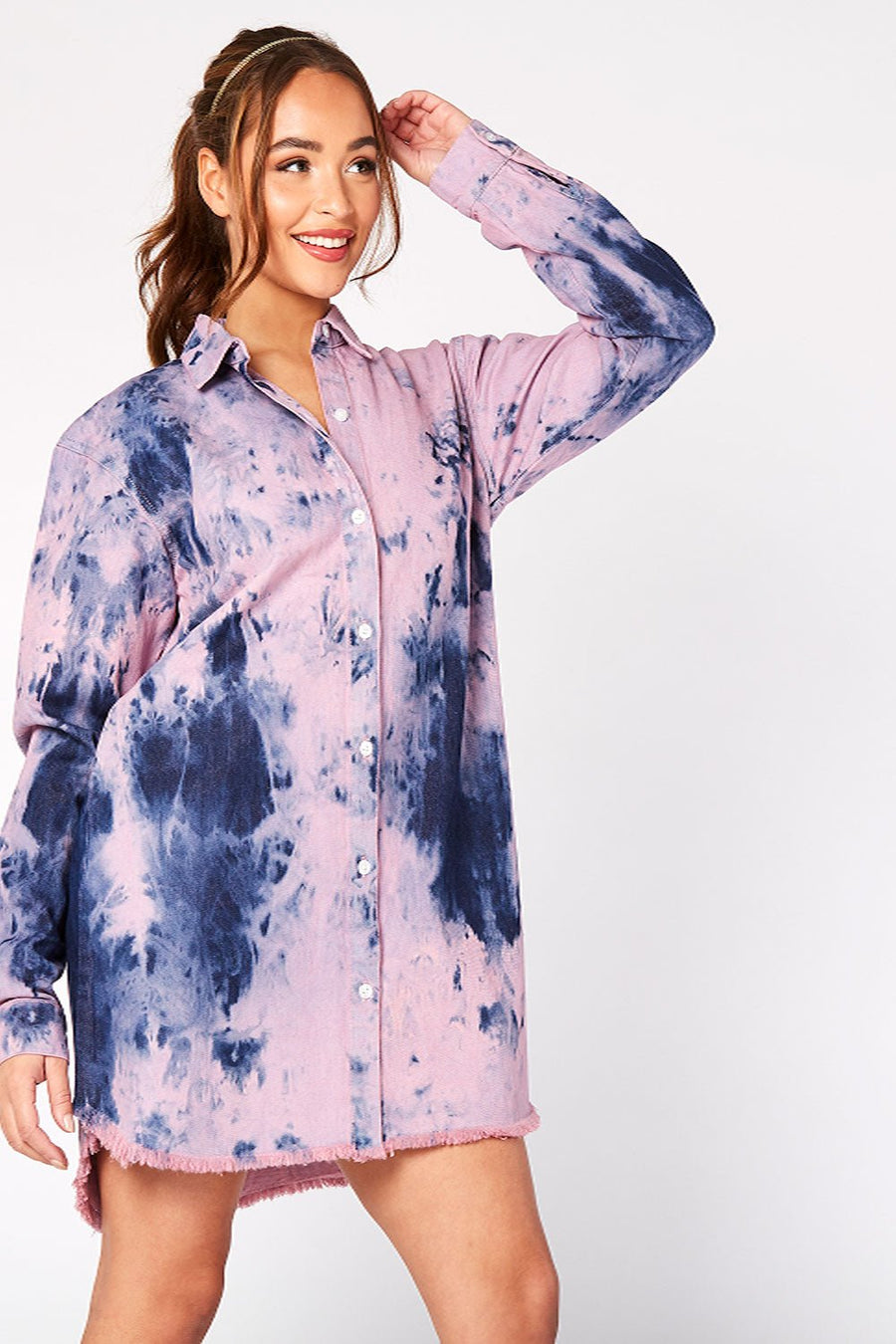 TIE DYE OVERSIZED LONG SLEEVE DENIM SHIRT - PINK BLUE - JMOJO - Women's Oversized Printed Denim Shirts