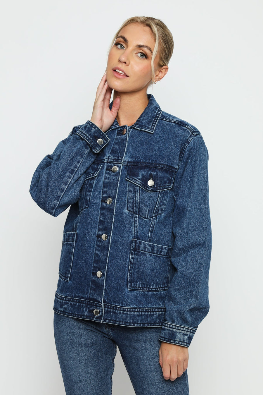TRACK STITCH DENIM JACKET - MID BLUE WASH - JMOJO - Women's Denim Jackets