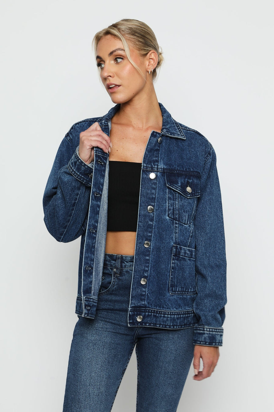 TRACK STITCH DENIM JACKET - MID BLUE WASH - JMOJO - Women's Denim Jackets