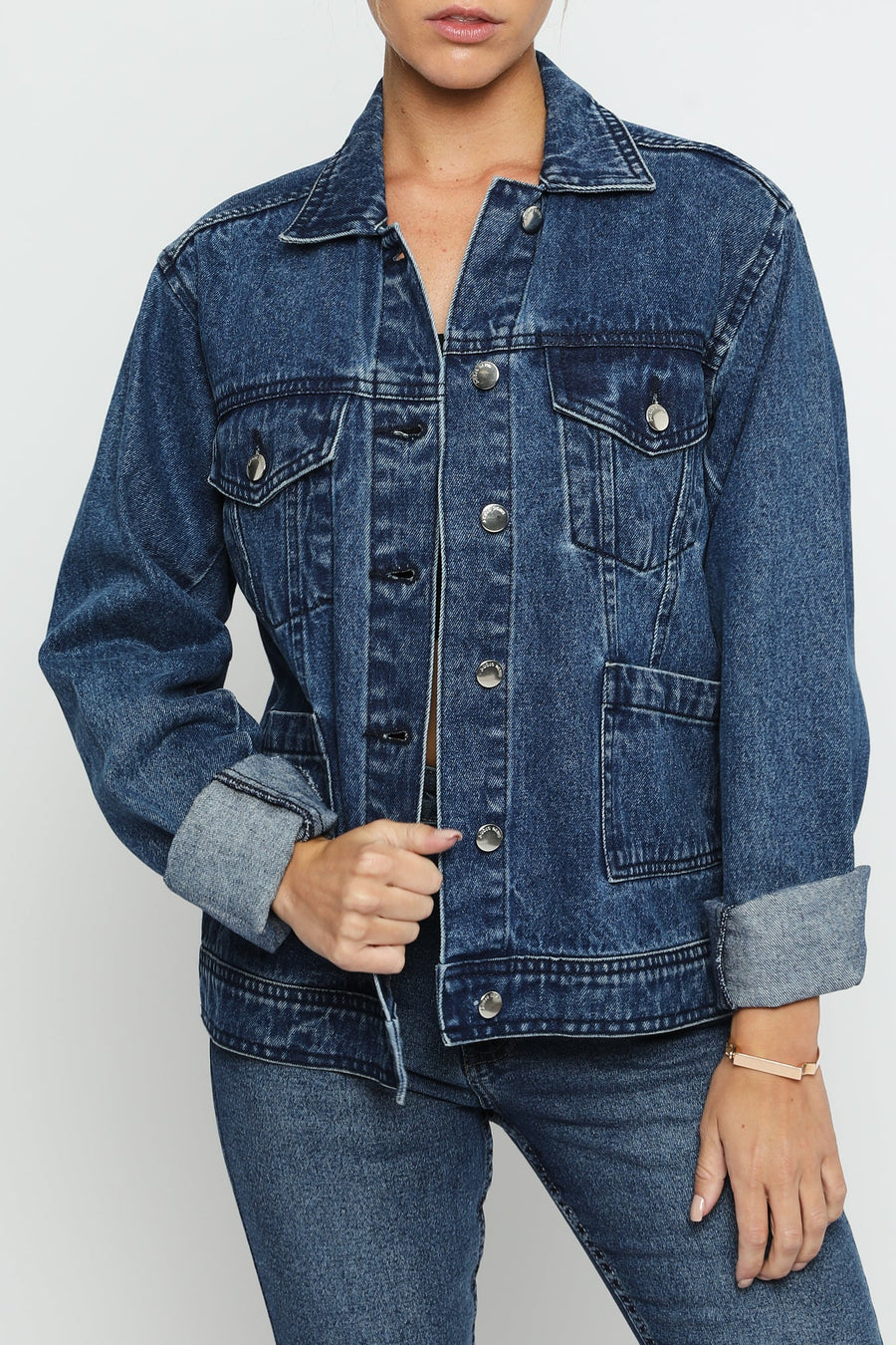 TRACK STITCH DENIM JACKET - MID BLUE WASH - JMOJO - Women's Denim Jackets