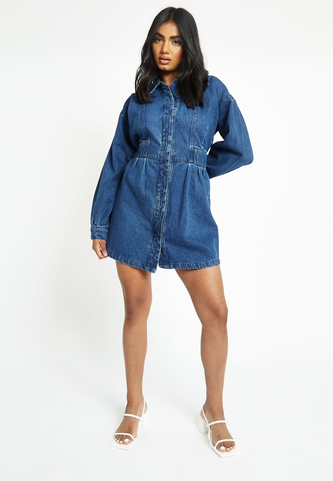 WOMEN'S DENIM SHIRT DRESS - DARK BLUE WASH - JMOJO - Women's Denim Dresses