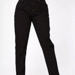 Front view of the black high rise jeans showing the comfortable fit and unique frayed hem detail.