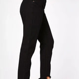 Side profile of a woman wearing high rise black straight leg jeans with a frayed hem and black heels.