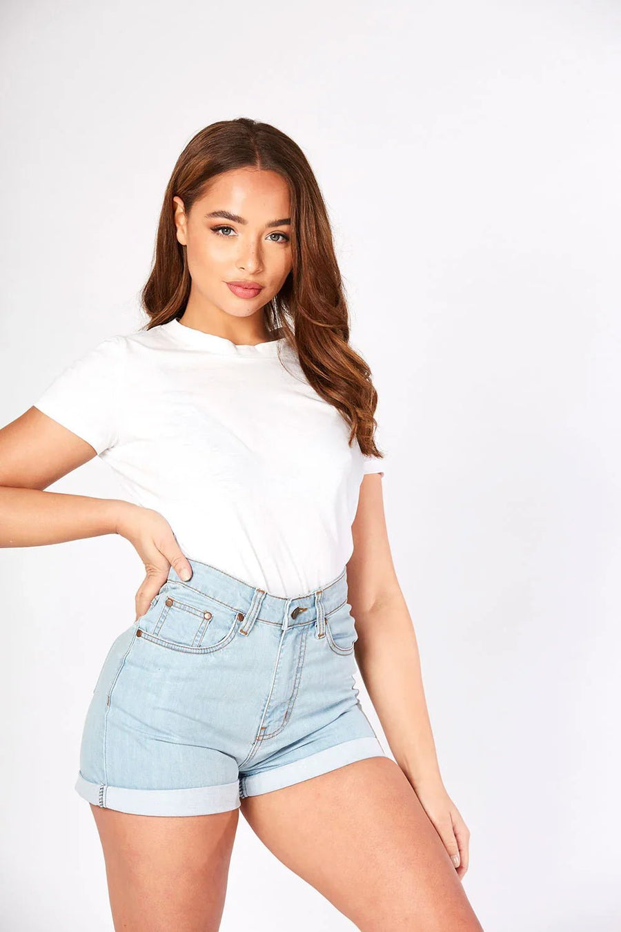 Zarae High Waisted Turn - Up Denim Shorts – Light Blue Wash - JMOJO - Women's Denim Shorts