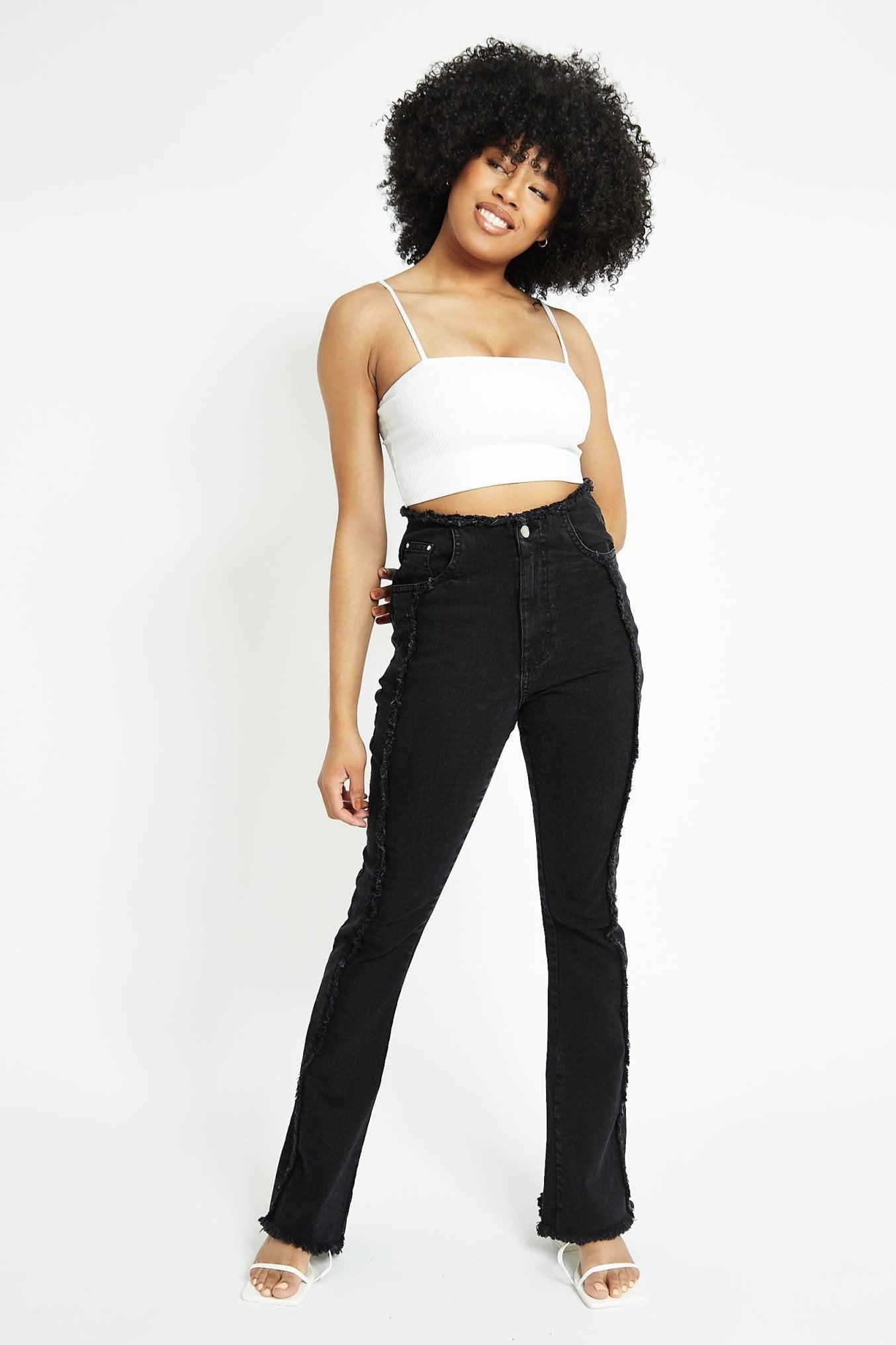 ZEPHYRA Frayed Seam Fit and Flare Jeans - Black Wash - JMOJO - Women's Flare Jeans