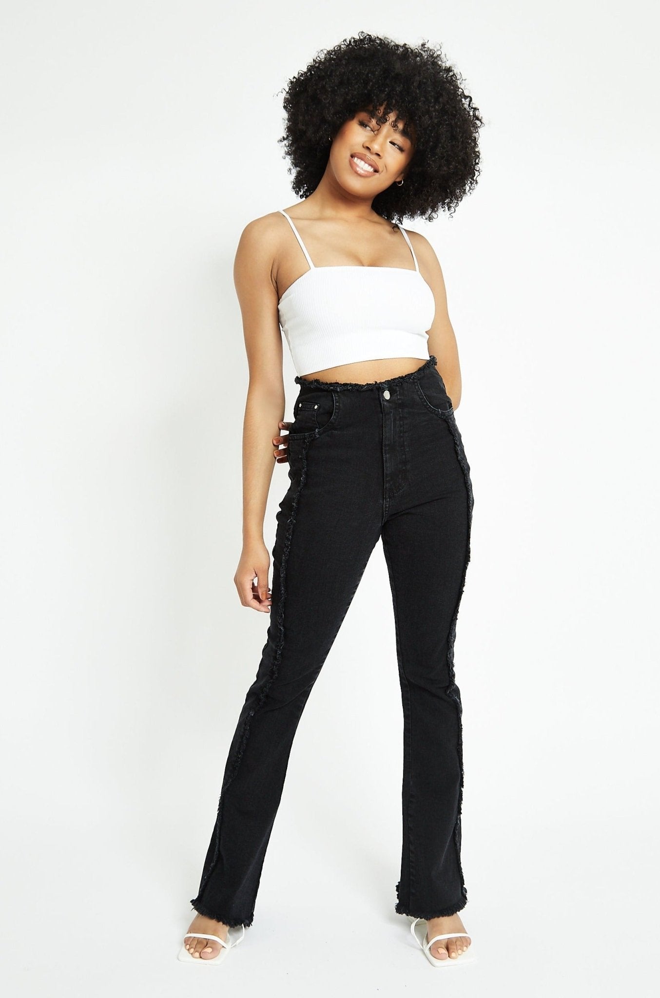 ZEPHYRA Frayed Seam Fit and Flare Jeans - Black Wash - JMOJO - Women's Flare Jeans