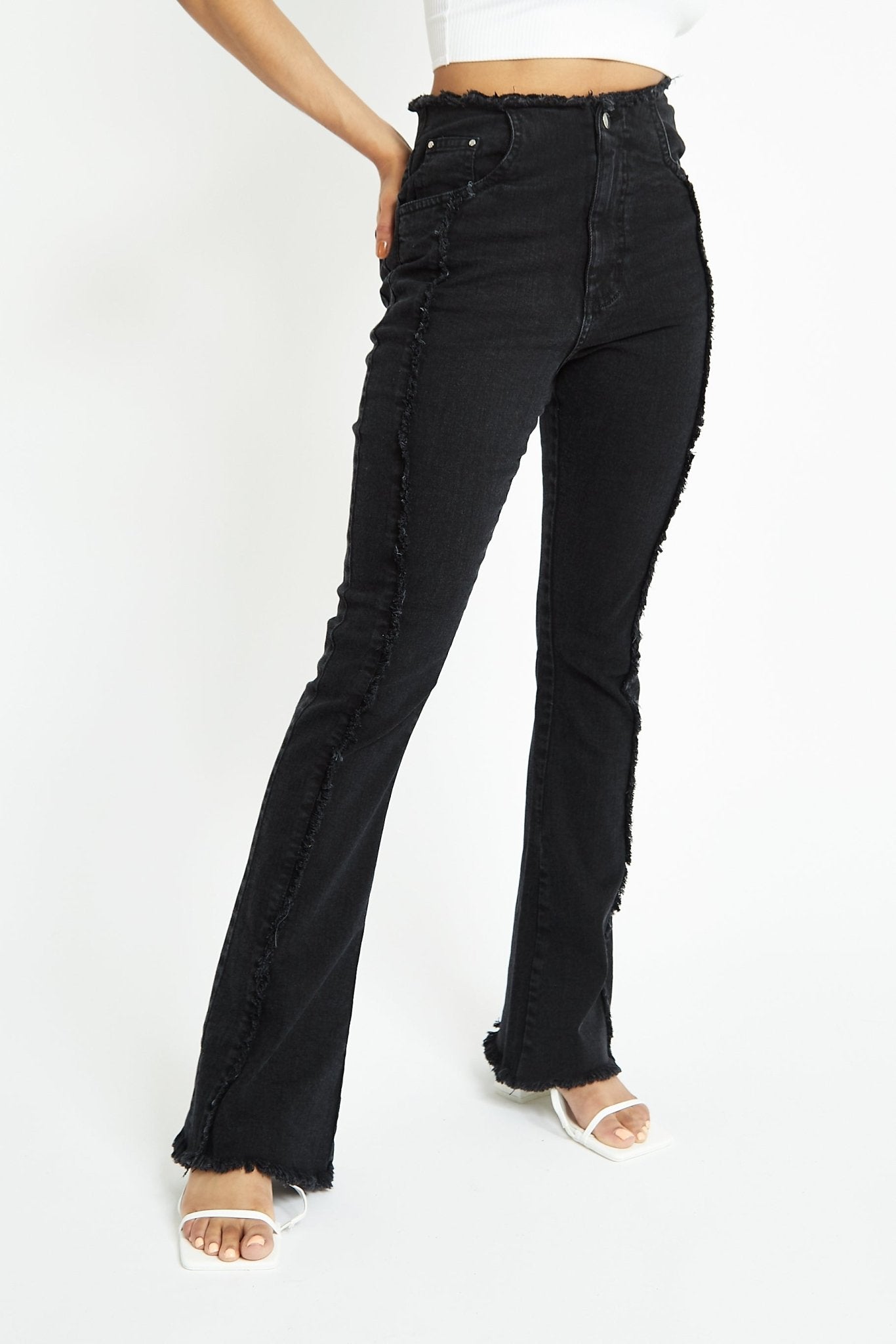 ZEPHYRA Frayed Seam Fit and Flare Jeans - Black Wash - JMOJO - Women's Flare Jeans