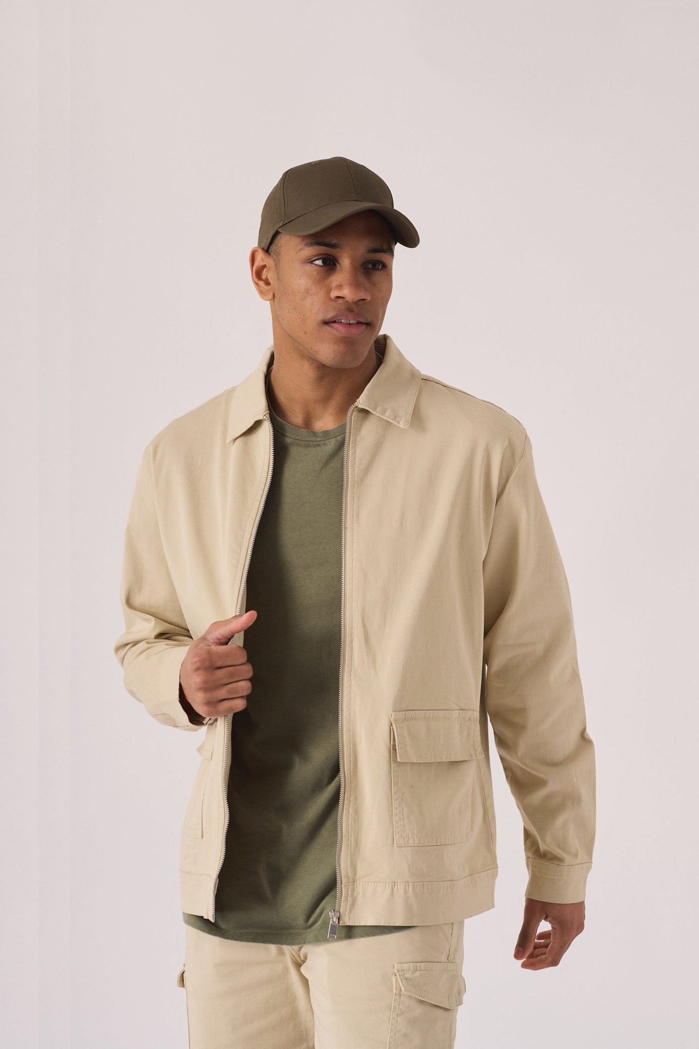 ZIP FRONT CARGO JACKET - BEIGE - JMOJO - Men's Cargo Denim Jackets