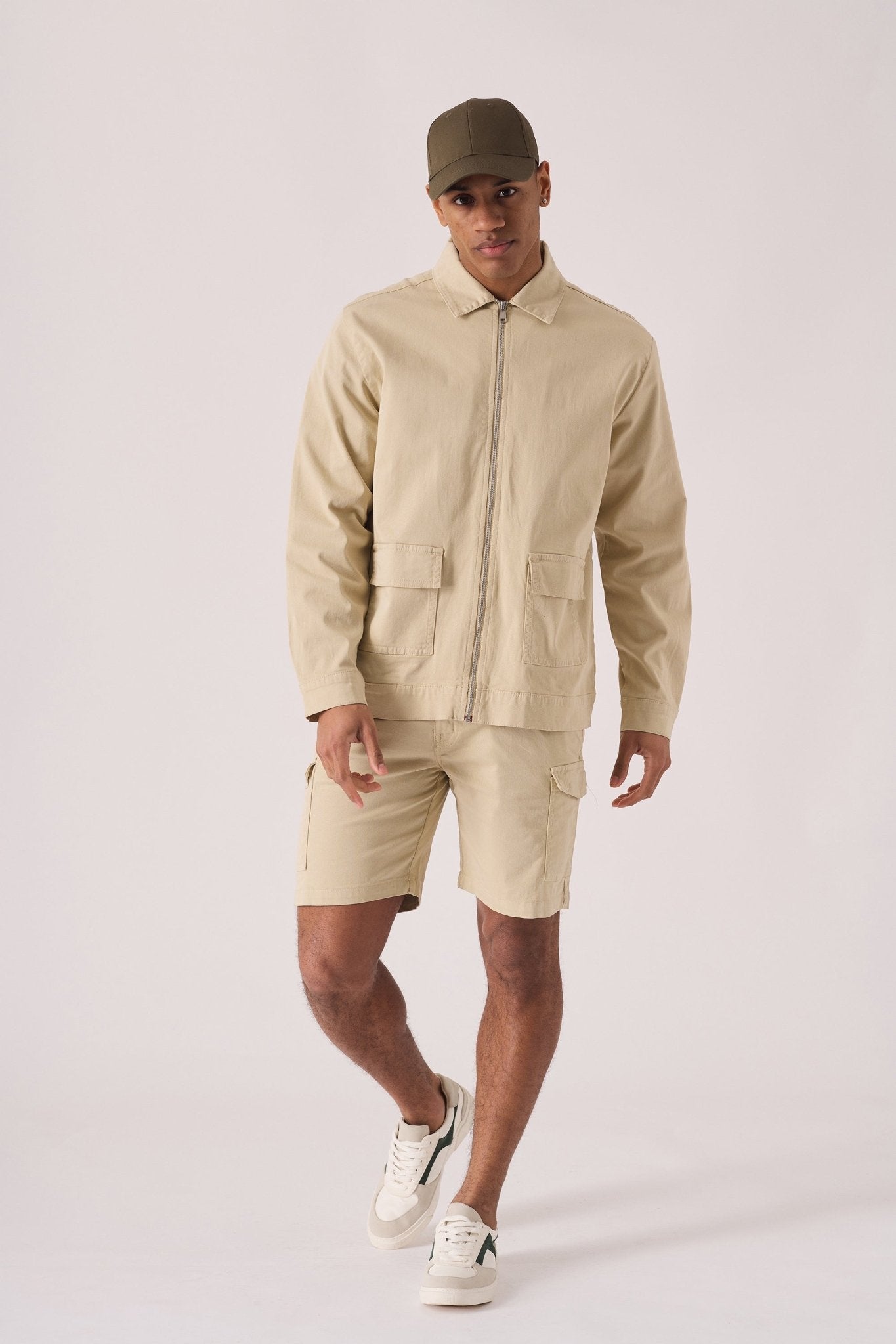 ZIP FRONT CARGO JACKET - BEIGE - JMOJO - Men's Cargo Denim Jackets