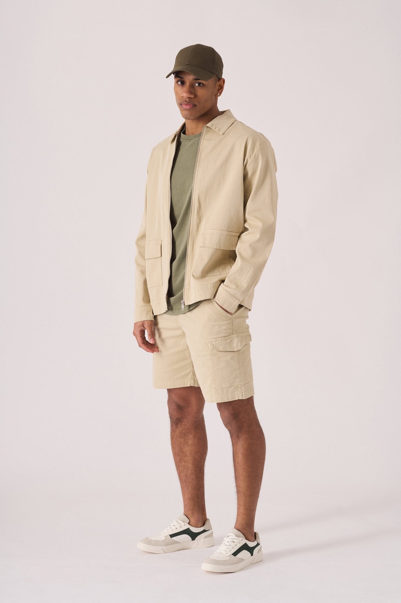 ZIP FRONT CARGO JACKET - BEIGE - JMOJO - Men's Cargo Denim Jackets