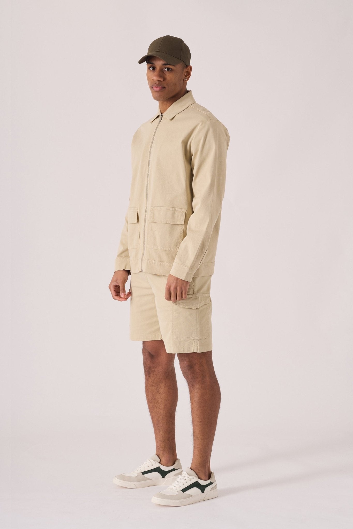 ZIP FRONT CARGO JACKET - BEIGE - JMOJO - Men's Cargo Denim Jackets